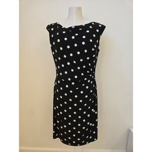 Lauren Ralph Lauren Black White Polka Dot Ruched Sheath Dress Size 12